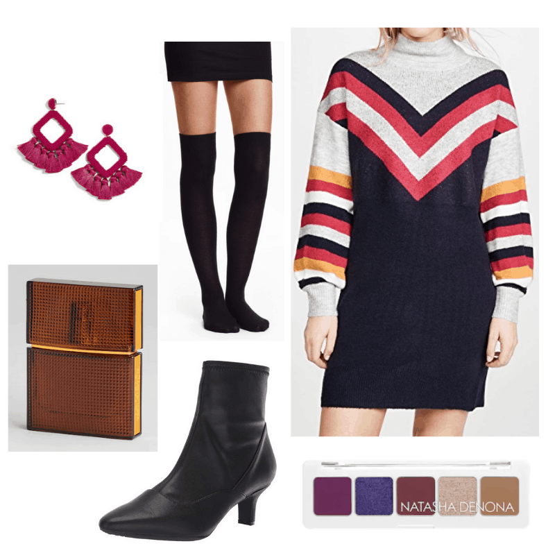 What to wear to friendsgiving - friendsgiving outfit idea with chevron sweater dress, over-the-knee socks, black ankle boots, statement earrings