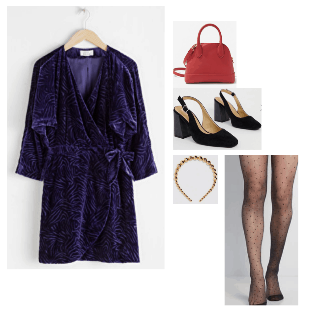 Evil queen fashion from Snow white - Disneybound Outfit inspired by the Evil queen with purple velvet dress, vintage heels, printed tights, gold headband, red purse