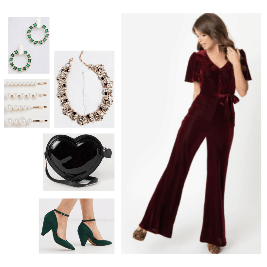 Evil queen fashion - disneybound outfit inspired by the evil queen from Snow White with red velvet jumpsuit, black shiny purse, green heels, statement jewelry