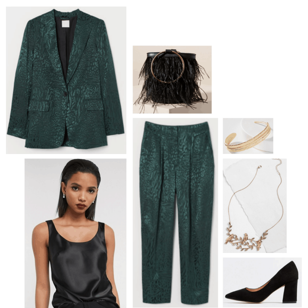 Maleficent fashion - outfit inspired by Disney's maleficent with green suit, black block heels, black satin cami, gold jewelry