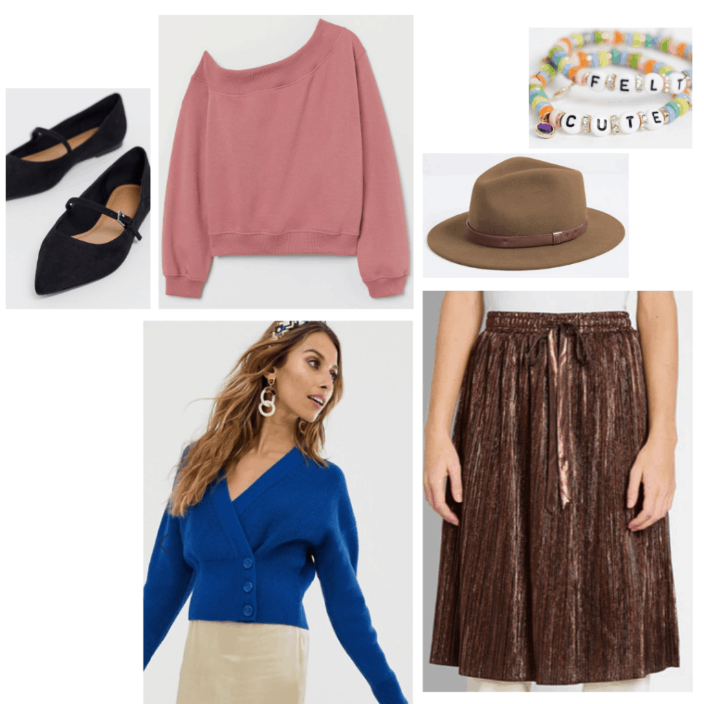 Sixteen Candles fashion - outfit inspired by Samantha in Sixteen Candles with off shoulder sweatshirt, pleated skirt, ballet flats, cardigan, hat