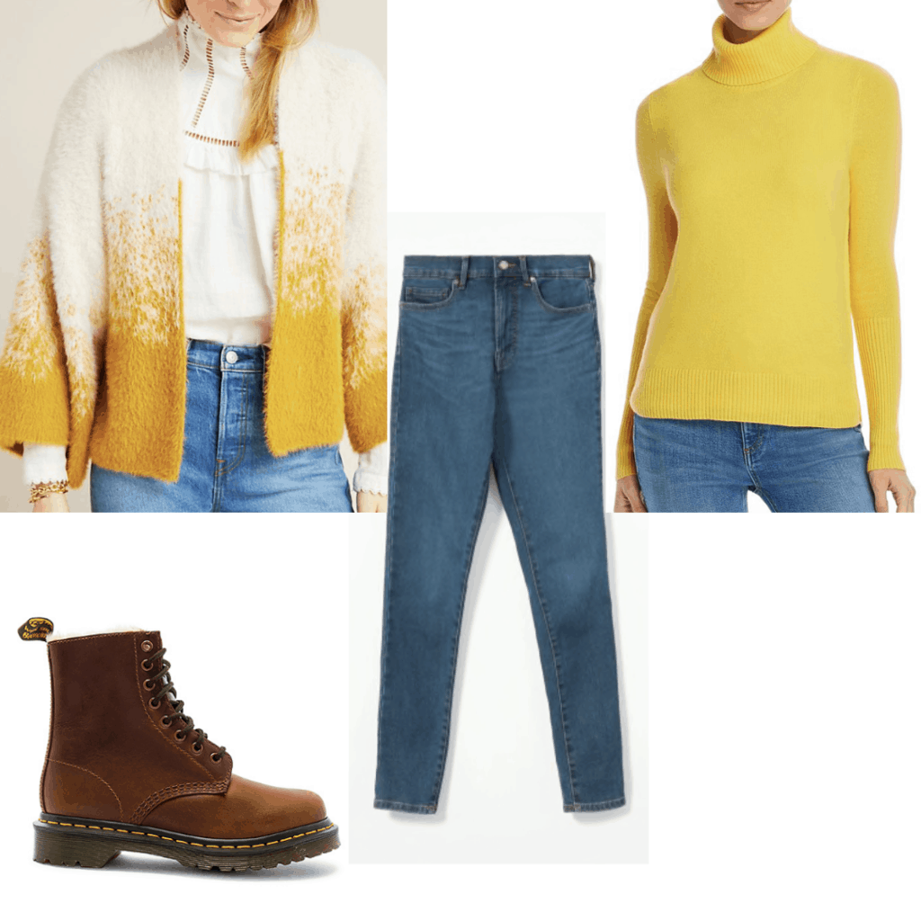 Outfit set with blend white and yellow cardigan, yellow sweater, blue jeans and brown boots.