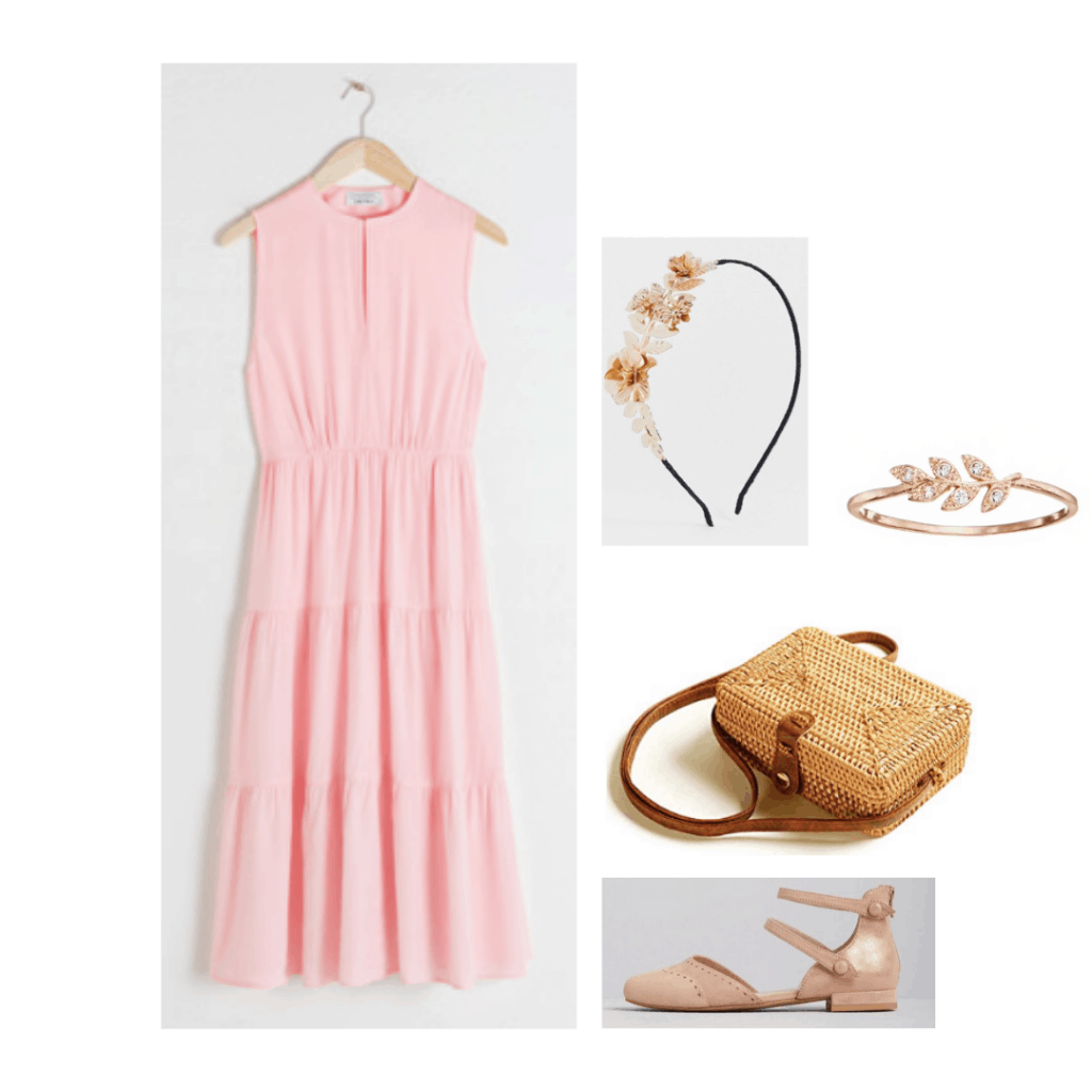 Little Women fashion: Outfit inspired by Beth March's style with pink dress, floral headband, floral jewelry, nude flats