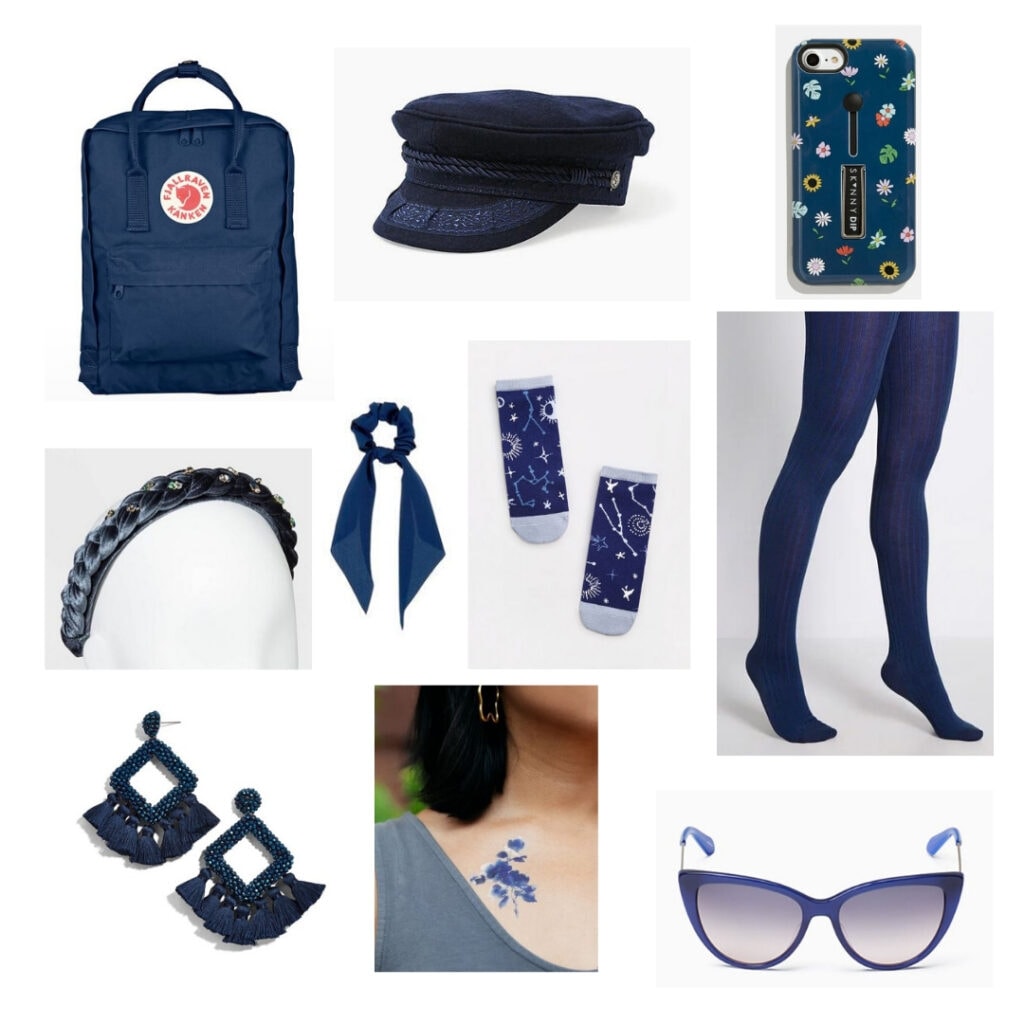 Blue backpack, hat, phone case, tights, sunglasses, temporary tattoo, earrings, headband, hair scrunchie, and socks.