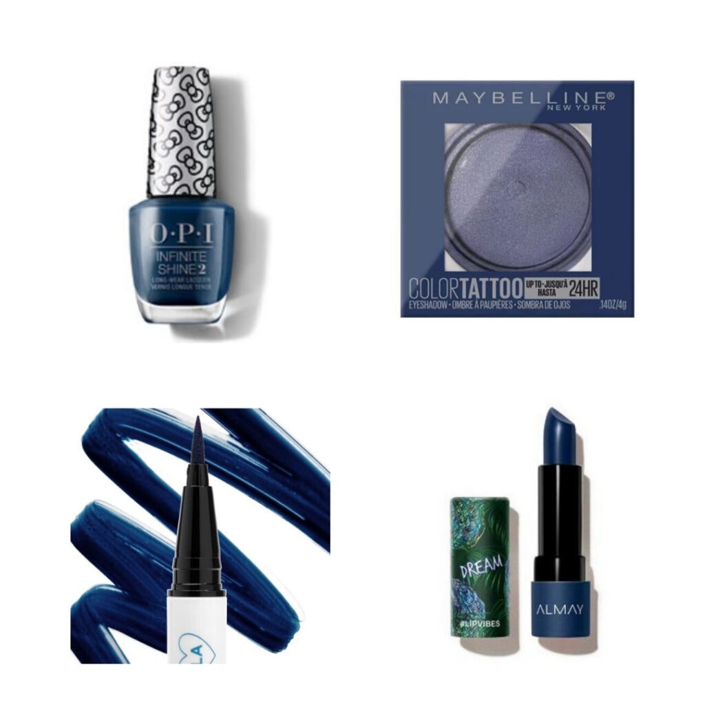 Pantone Color of the Year 2020 makeup: Blue nail polish, eyeshadow, eyeliner, and lipstick.