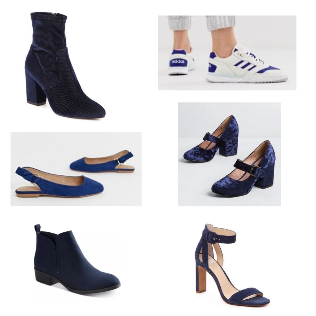 Pantone color of the year shoes: Blue boots, sneakers, block heels, heels with ankle strap, boots, and flats.