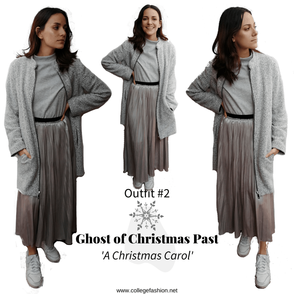 Ghost of Christmas Past Outfit: Silver skirt, grey shirt, white sneakers, grey coat