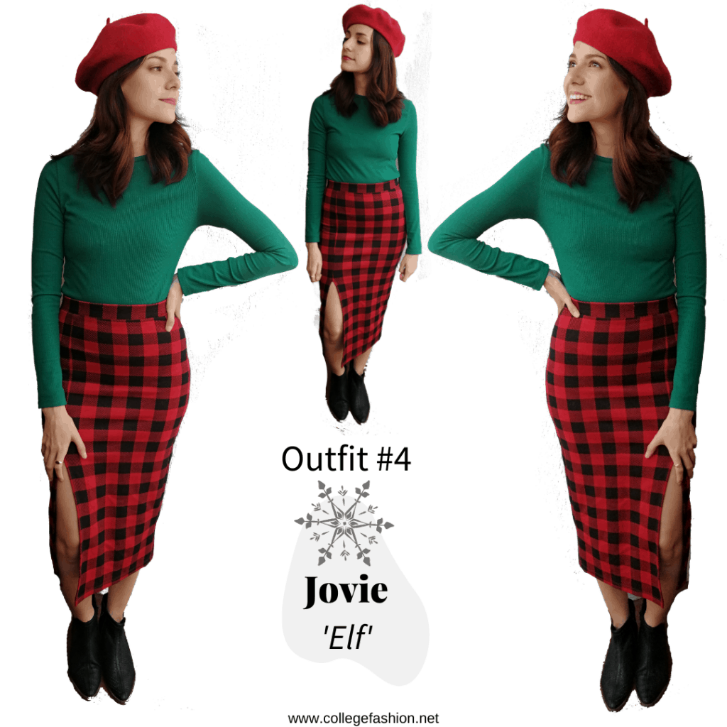 Jovie Outfit: plaid skirt, green shirt, black booties, red beret