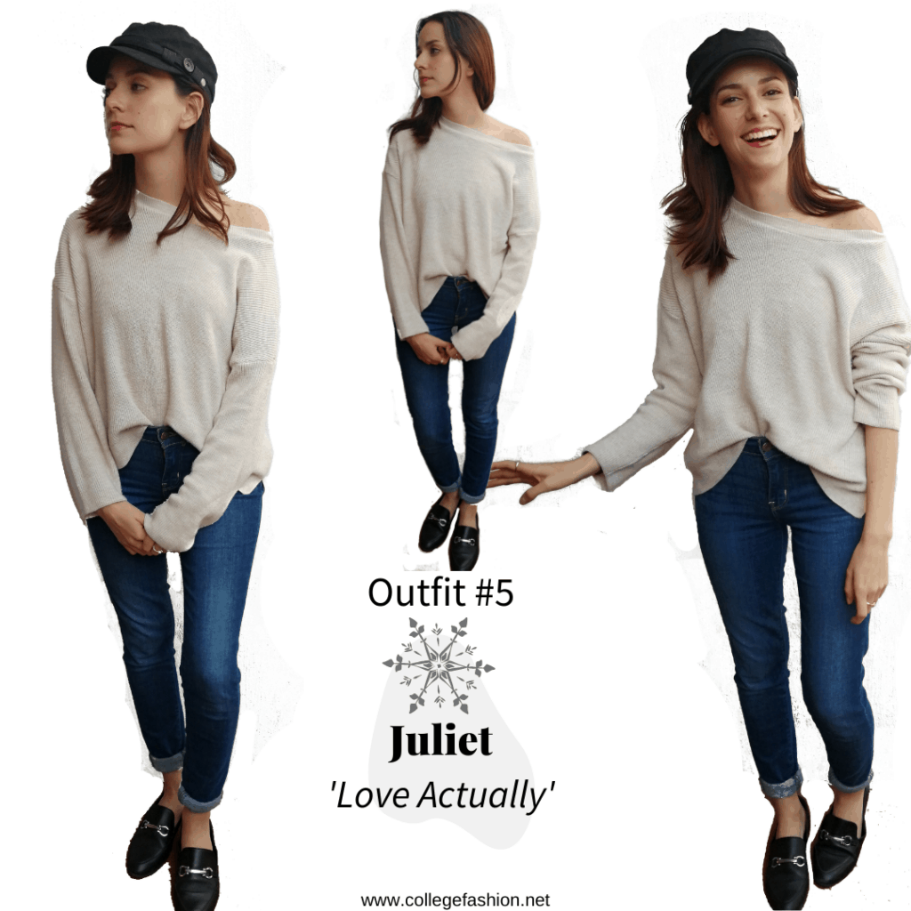 Christmas movie fashion Juliet Outfit from Love Actually: white sweater, blue jeans, black shoes, black hat