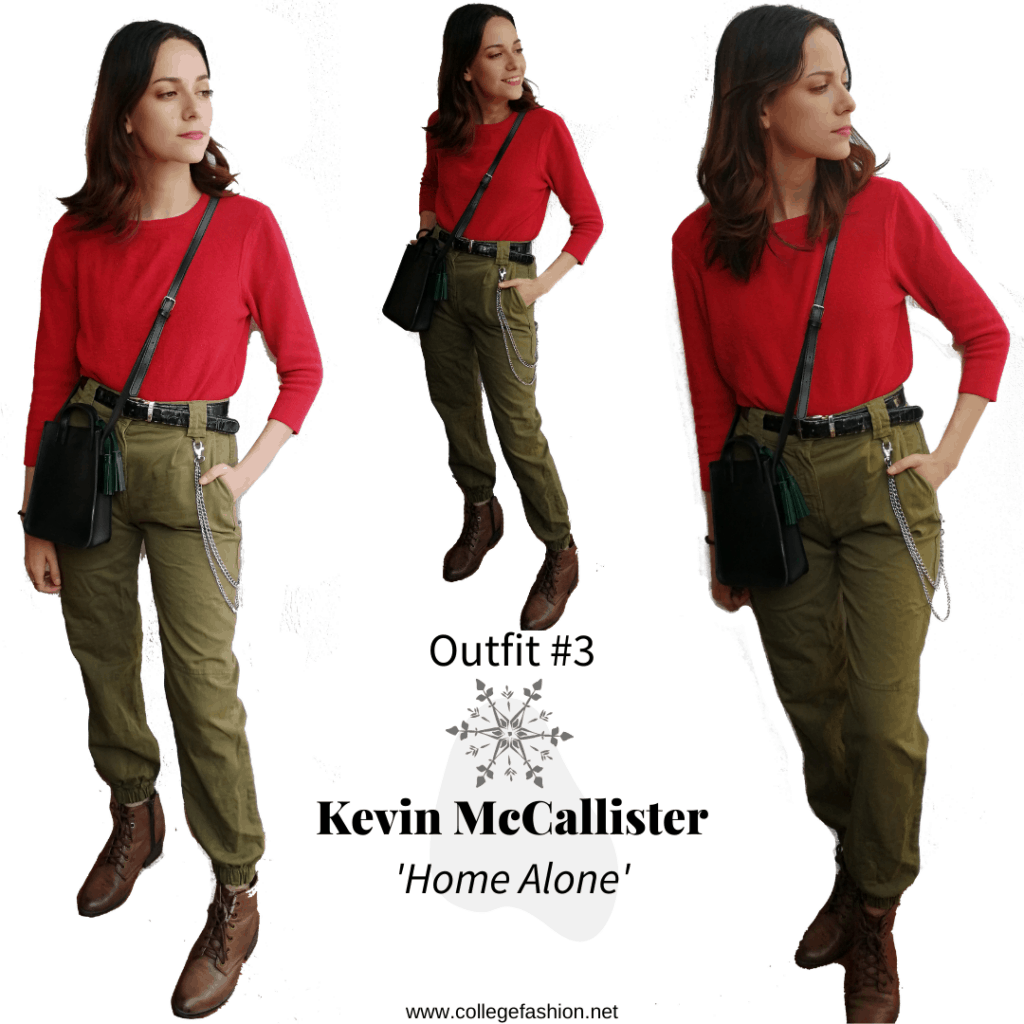 Kevin Outfit: red sweater, green pants, brown boots, black bag and belt.