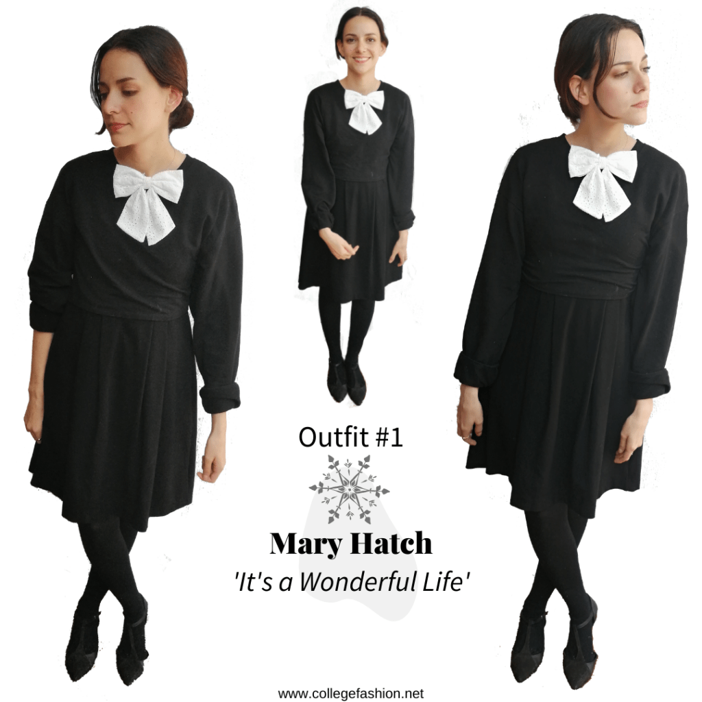 Christmas movie fashion - Mary Hatch Outfit from It's a Wonderful Life: black dress, sweater, tights, flats