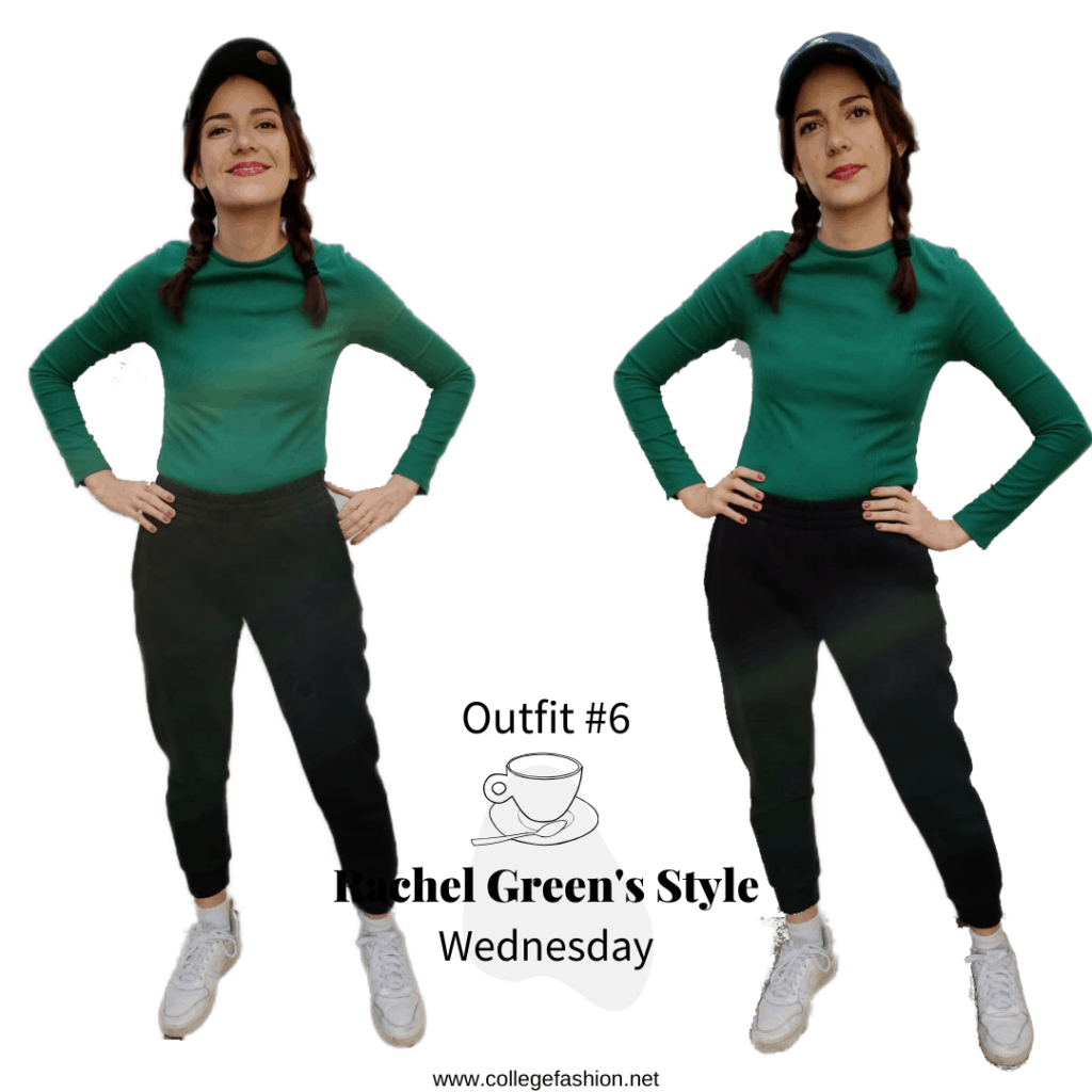 Rachel Green’s Style- Outfit #6, Wednesday green shirt, joggers, sneakers, baseball cap