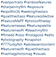 A screenshot of hashtags on an Instagram post