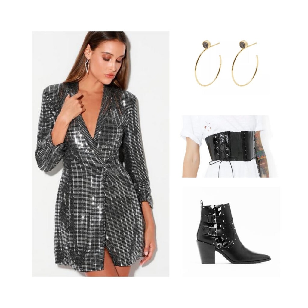 Outfit inspired by Six the Musical fashion and character Jane Seymour - Silver dress, gold hoop earrings, black belt, black boots.