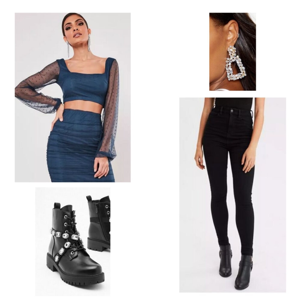 Outfit inspired by Six the Musical fashion and character Catherine Parr: Blue crop top, silver earrings, black boots, black jeans.