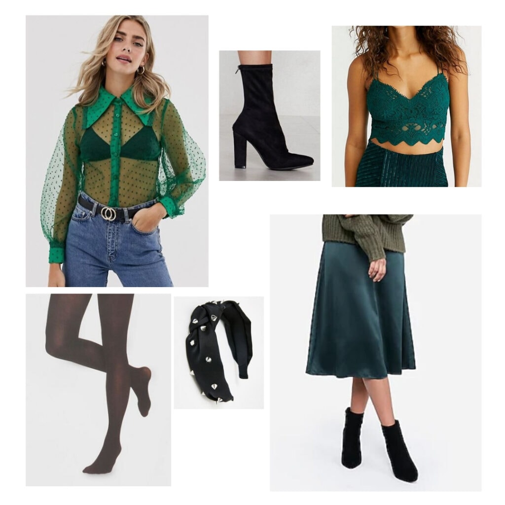 Outfit inspired by Six the Musical fashion and character Anne Boleyn - Green top, green bralette, green skirt, spike headband, black tights, black boots.