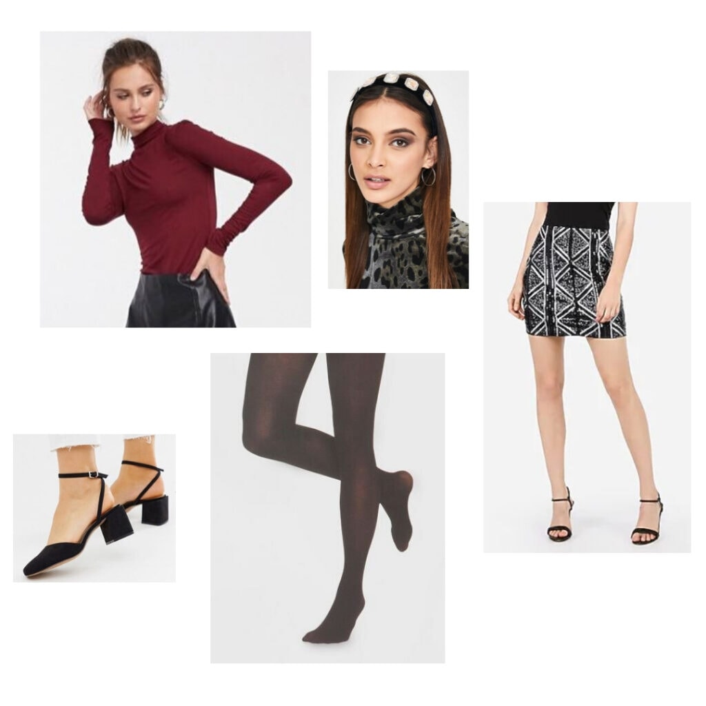 Outfit inspired by Six the Musical fashion and character Anne of Cleves - Red top, silver and black miniskirt, headband, black tights, and black block heels.