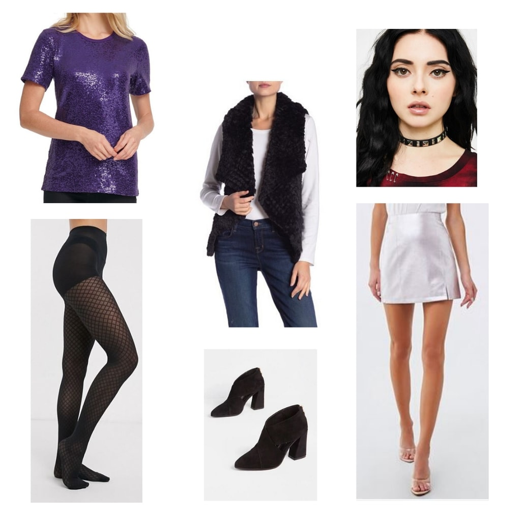 Outfit inspired by Six the Musical fashion and character Catherine Howard: Purple sequin top, silver miniskirt, black tights, black fur vest, choker, black boots.