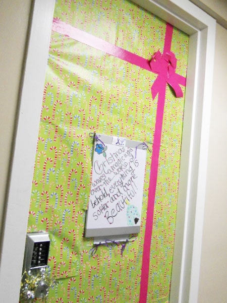 Dorm Christmas decorations - Door Covered in Wrapping Paper