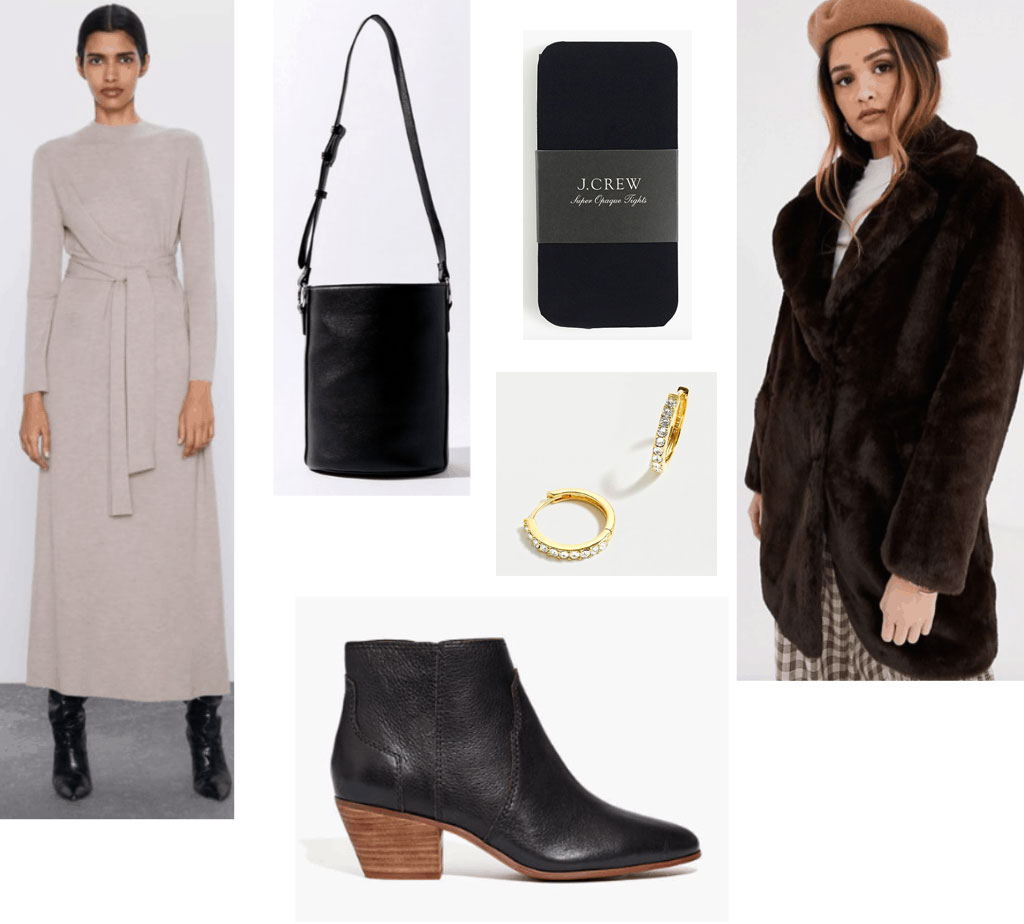 Outfit set for how to wear a maxi dress in winter -- features a long knit maxi dress, bucket bag, small boots and a fur coat.