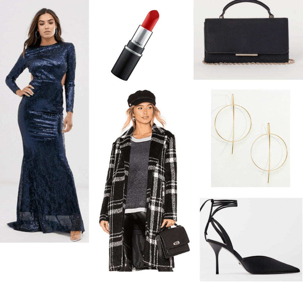 Maxi dress in winter outfit set with a sequin dress, plaid long coat, black heels and a black bag. 