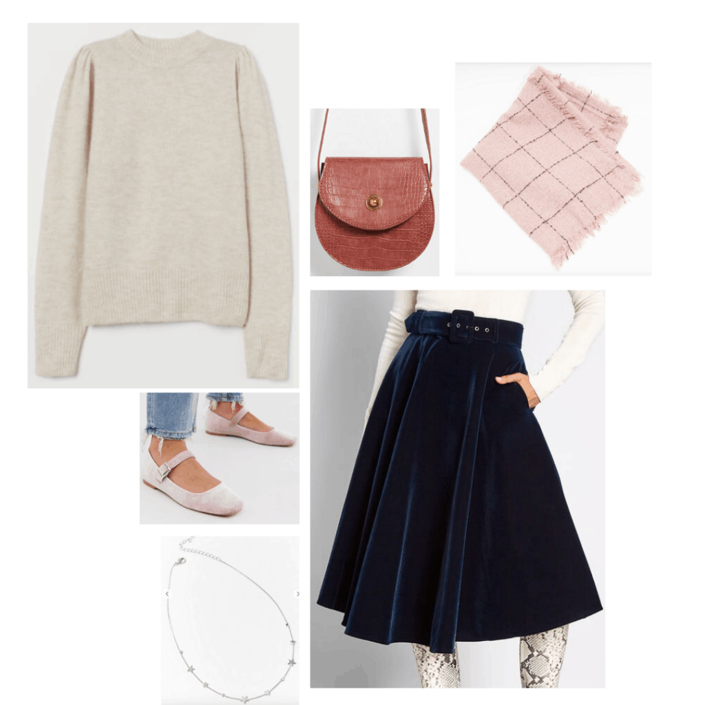 Little Women fashion: Outfit inspired by Meg with cream sweater, black skirt, pink scarf