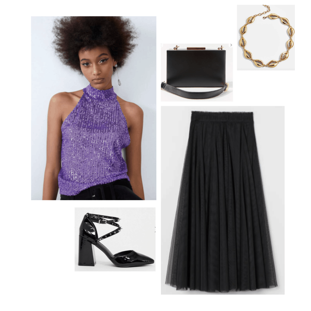 Ursula fashion - Disneybound outfit inspired by ursula from the little mermaid with purple sequin top, midi skirt, black heels