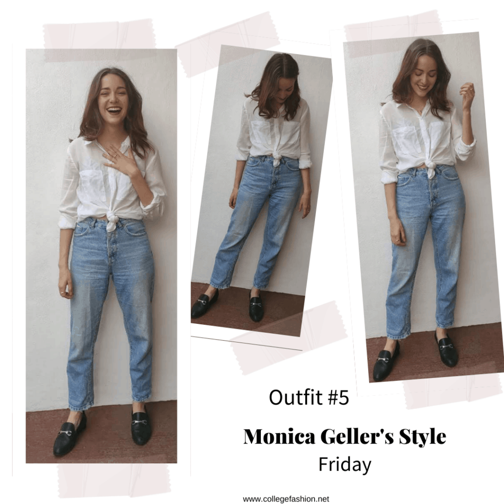 Monica Geller style: Outfit inspired by Monica Geller from Friends with white shirt, mom jean, loafers