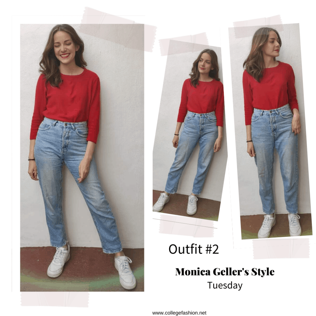 Monica Geller style: Outfit inspired by Monica Geller from Friends with red top, mom jeans, and sneakers