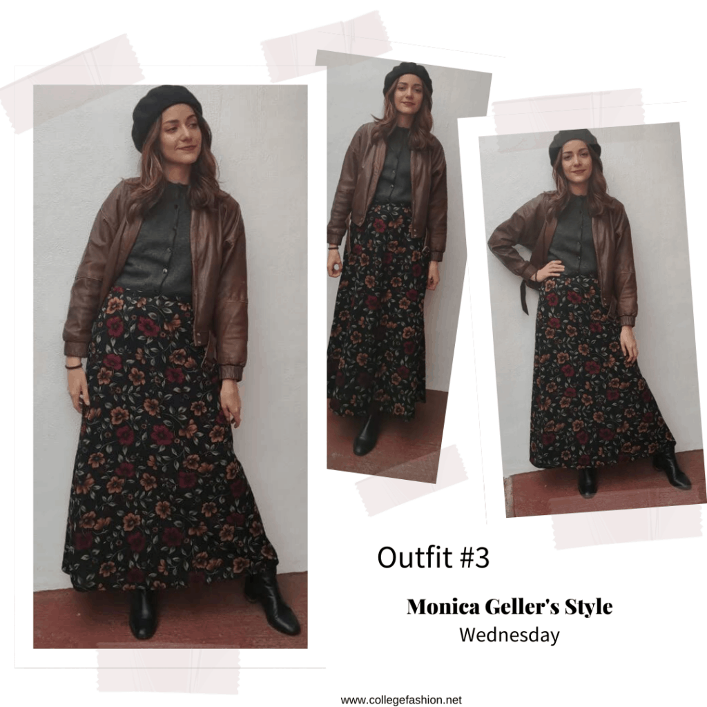 Monica Geller style: Outfit inspired by Monica Geller from Friends with maxi skirt, leather jacket, beret, and gray top