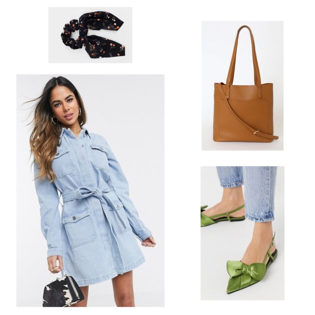 Denim dress, green shoes, hair tie, brown leather bag.