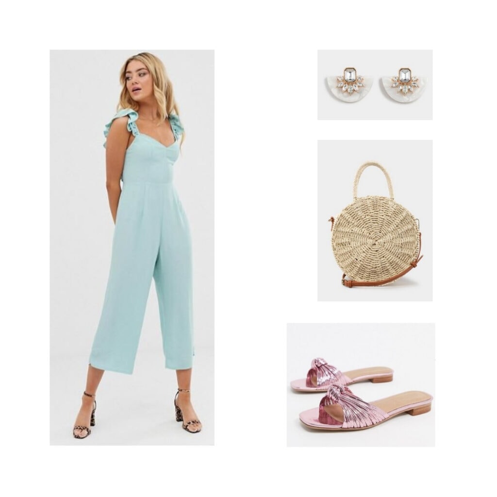 Slides, light blue jumpsuit, faux gem earrings, basket purse.