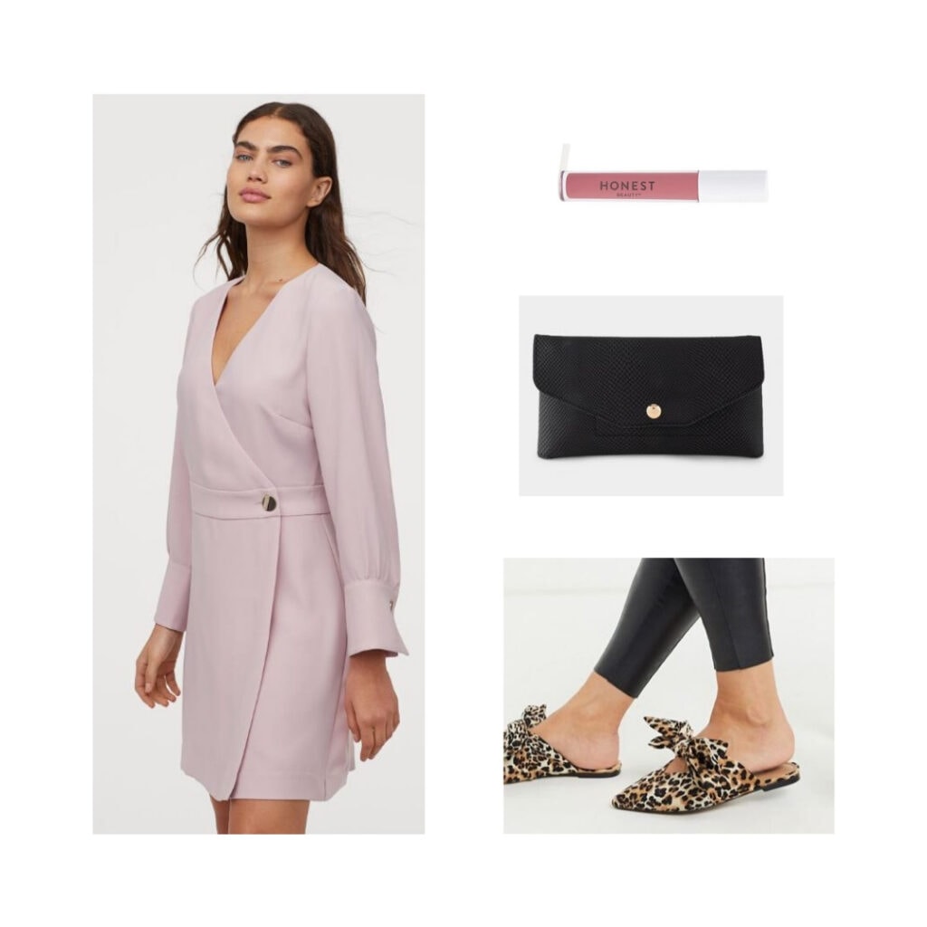 Light pink dress, slides, black clutch, pink lipstick.