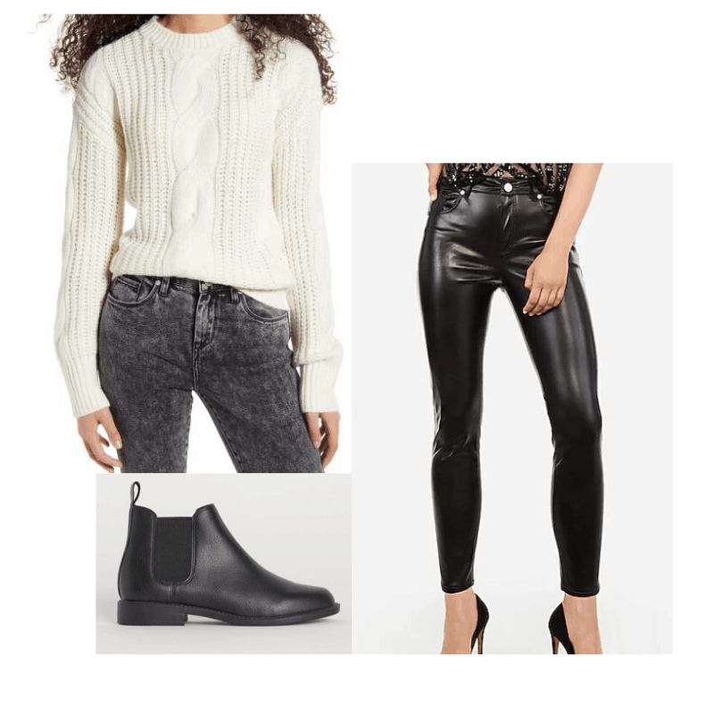 Cable knit sweater styled with faux leather pants and ankle boots