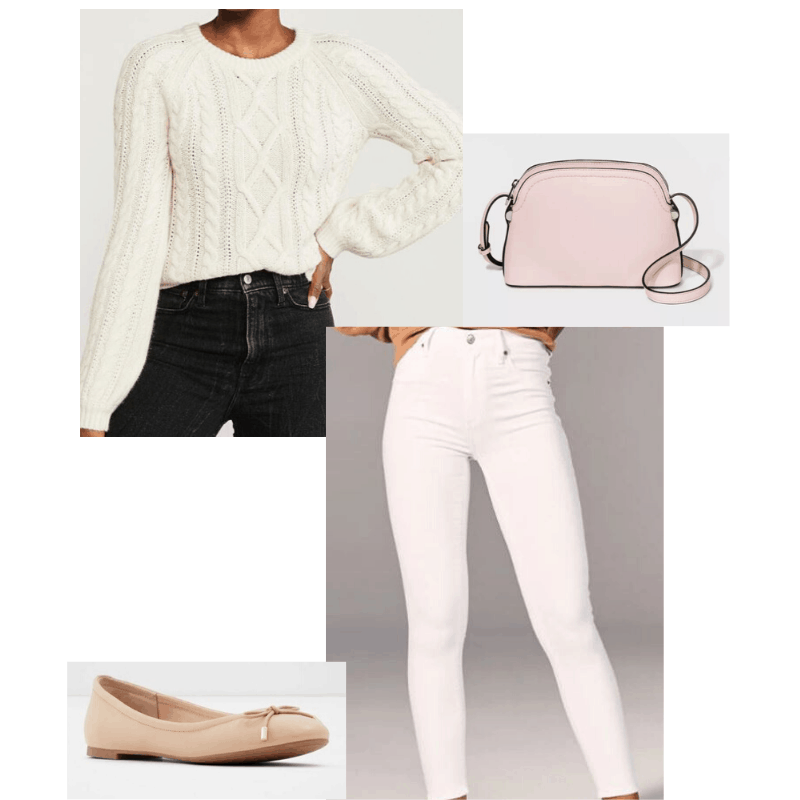 White cable knit styled with white jeans,  blush purse and nude ballet flats