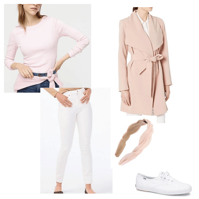 Pink long sleeve, white jeans, and pink coat styled with white sneakers and a headband