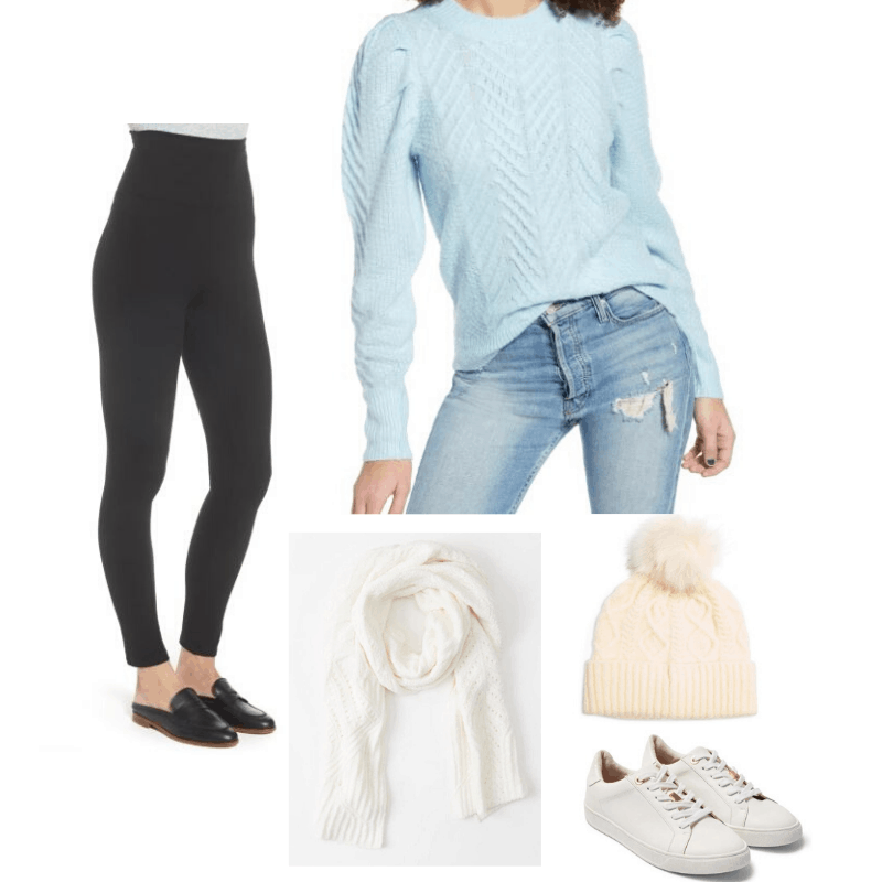 Cozy cable knit styled with leggings, beanie, scarf, and sneakers