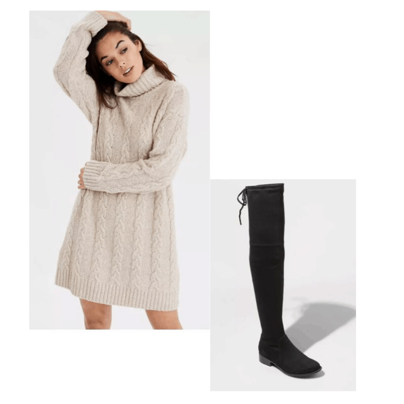 Cable knit sweater dress with OTK boots