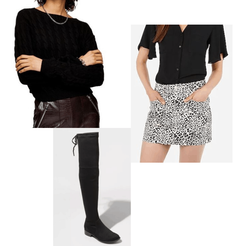 Black cable knit sweater styled with a leopard mini and OTK boots