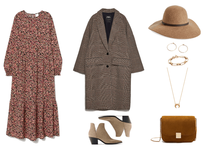 How to Wear Boho Prairie Dresses When It's Cold Out | Outfit #1: floral patterned peasant dress, long oversized plaid coat, wide-brim felt hat, and accessories