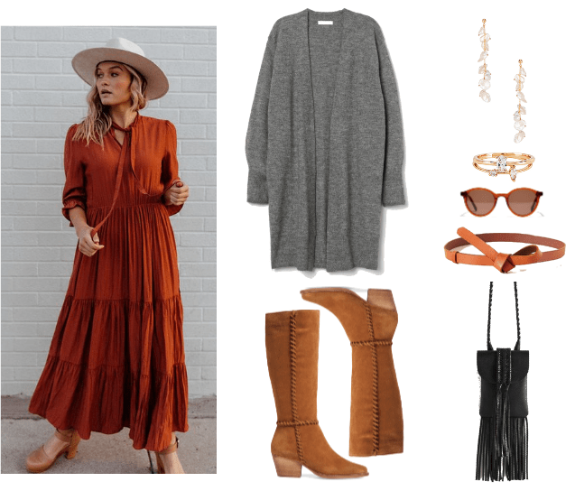 How to Wear Boho Peasant Dress Outfits When It's Cold Out | Outfit #3: long burnt sienna maxi dress, tall brown boots, long grey cardigan