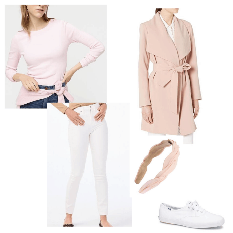 Feminine fall outfit - Pink long sleeve, white jeans, and pink coat styled with white sneakers and a headband