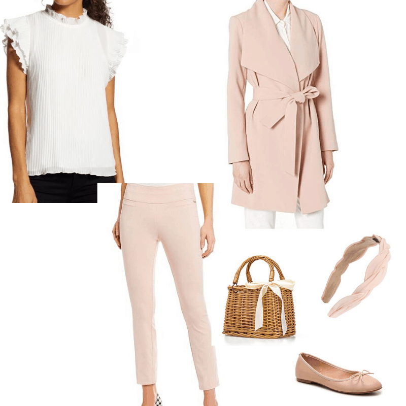 Feminine capsule wardrobe - spring outfit. White blouse and pink pants styled with a pink wrap coat. Accessorized with ballet flats, a basket bag, and headband 