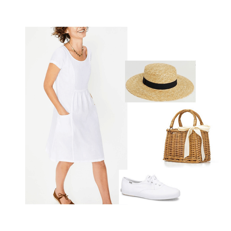 Feminine capsule wardrobe - summer outfit. White dress and sneakers styled with a boat hat and basket bag