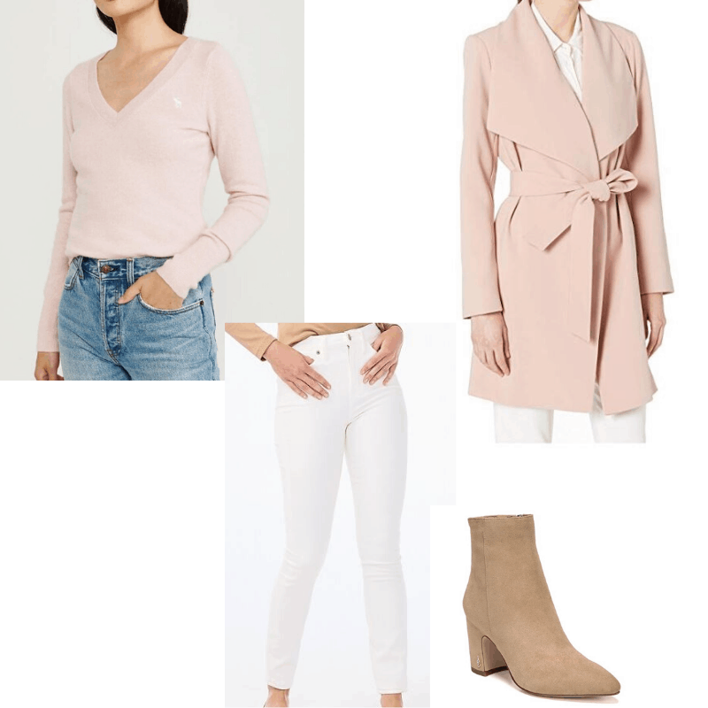 Feminine capsule wardrobe - winter outfit. Pink sweater and white jeans styled with a pink wrap coat and booties 