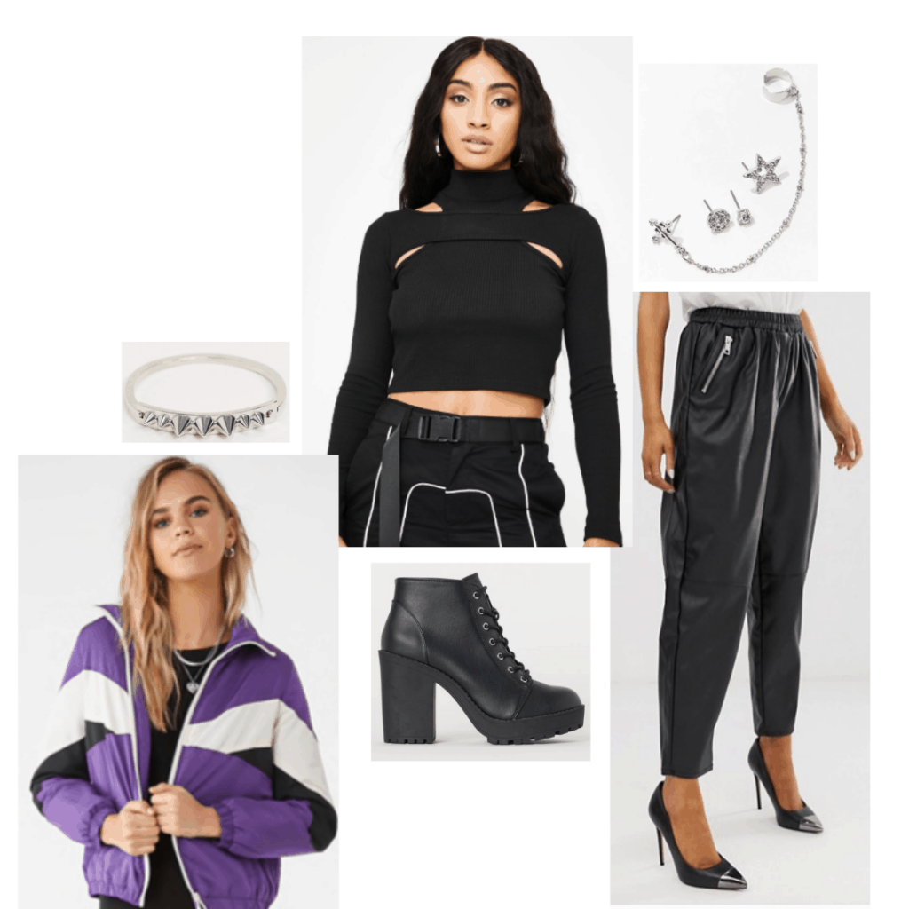 Birds of Prey fashion - outfit inspired by Huntress with black crop top, purple jacket, leather joggers, chunky heel boots and jewelry