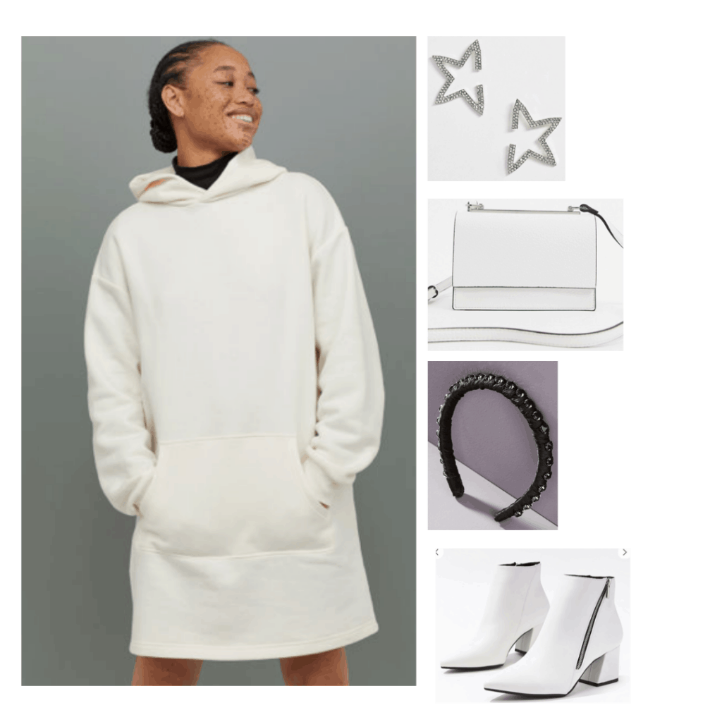 Princess Leia style outfit with oversized hoodie dress, white boots, white purse, headband, star earrings