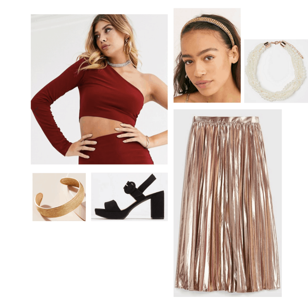 Princess Leia style: Outfit inspired by Princess Leia with gold lame pleated skirt, one shoulder crop top, gold jewelry and heels