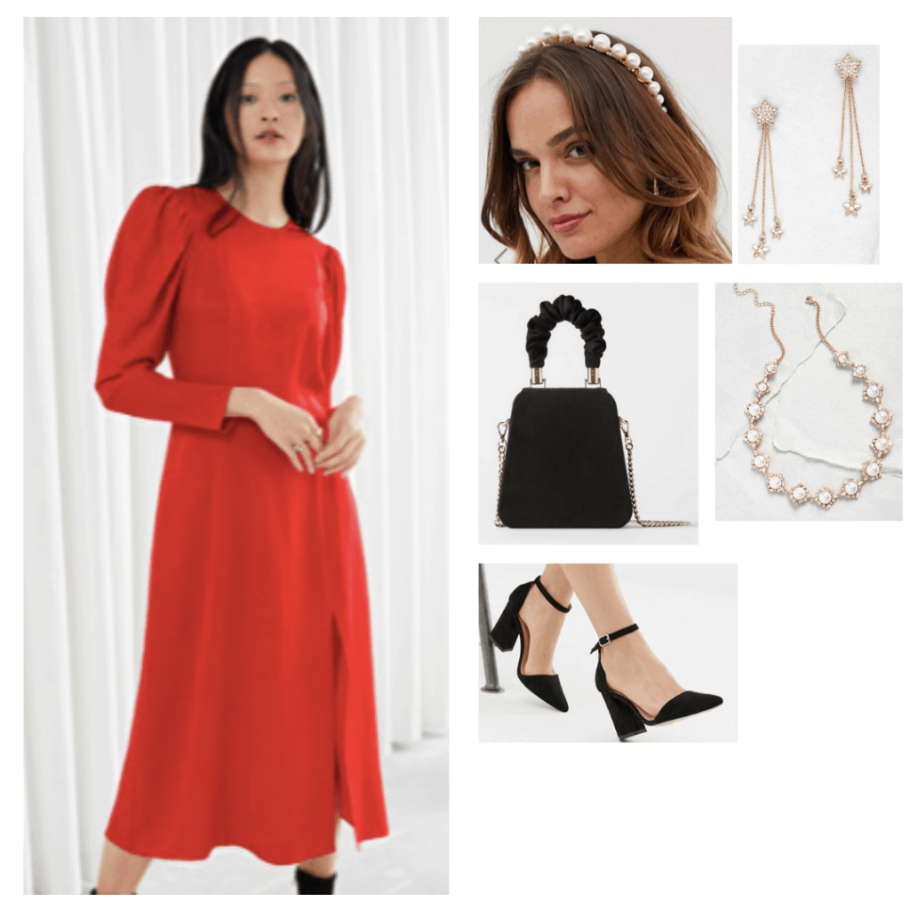 Padme Amidala outfit with red dress, regal headband, black mini purse, jeweled necklace, black pumps, and star earrings