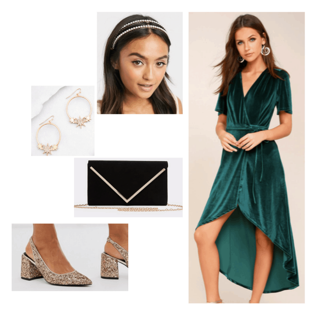 Padme Amidala outfit with green dress, gold glitter pumps, black envelope clutch, jeweled headband, star earrings